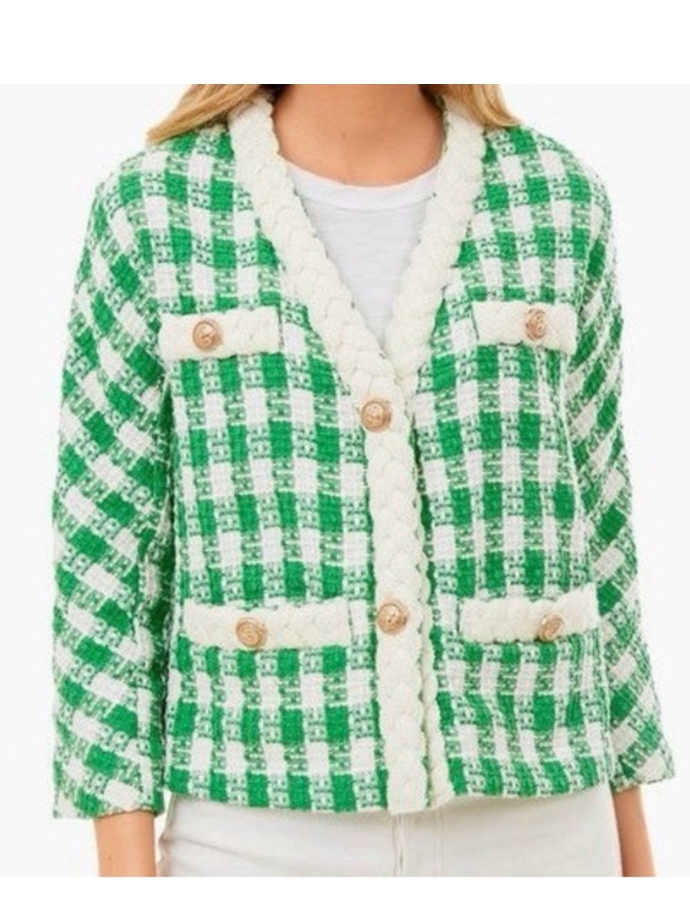 Tuckernuck Green and White Tweed Braided-Trim Jacket